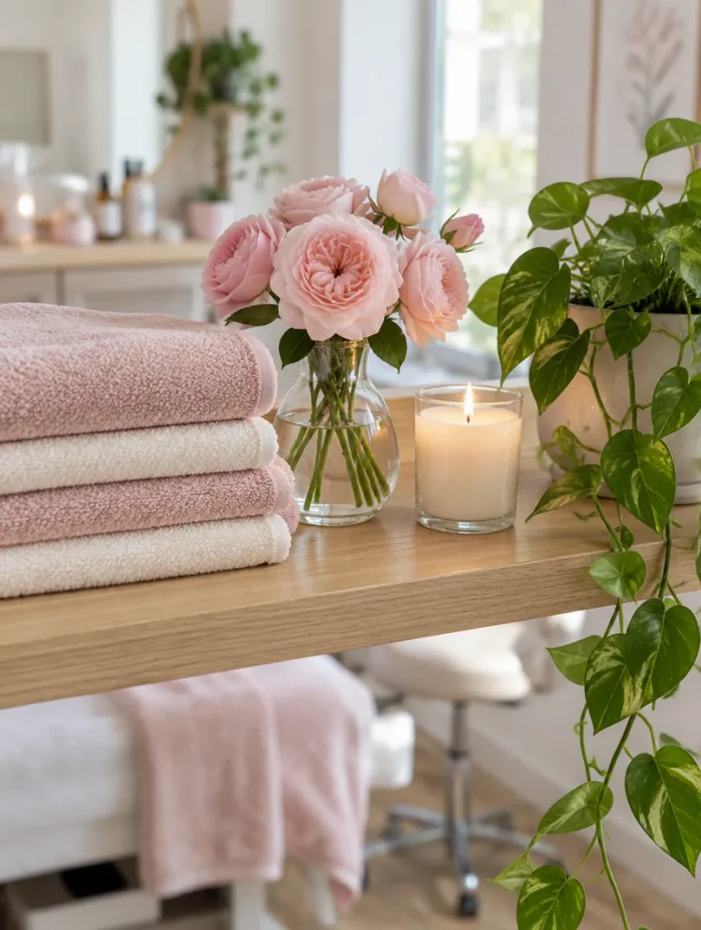 Plank met roze handdoeken, rozen en een kaars in de salon