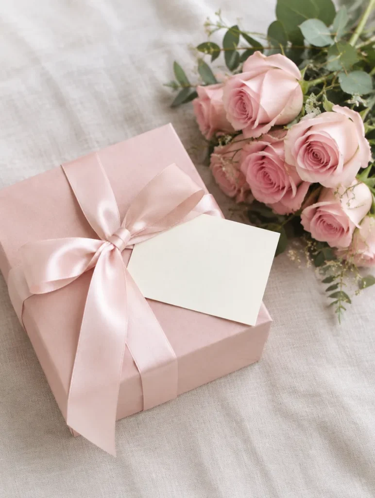 Roze cadeaudoosje met lint, een cadeaukaart en roze rozen